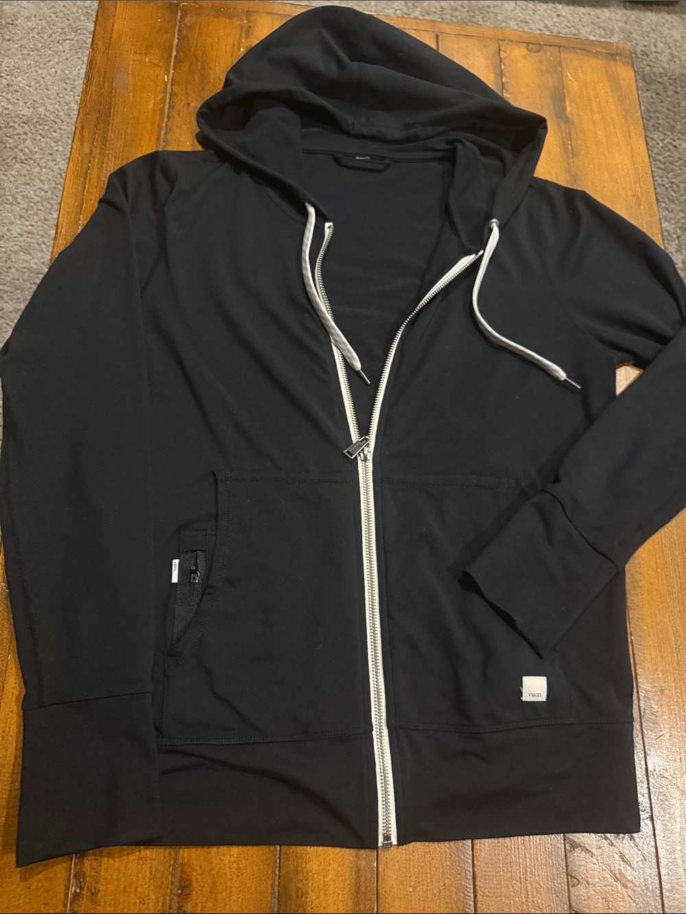 Vuori Black Lightweight Zip Hoodie Jacket with Contrast White Drawcords